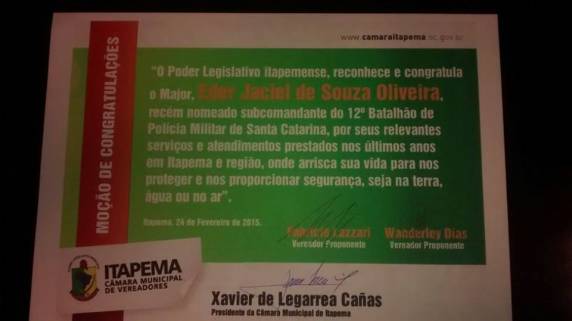 Major Eder recebe Moção de Reconhecimento da Câmara de Vereadores de Itapema - foto 2