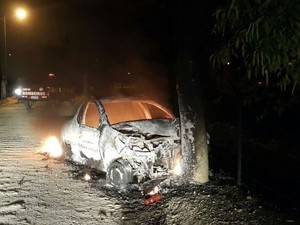 Carro pega fogo após motorista perder controle e bater em árvore - foto 2