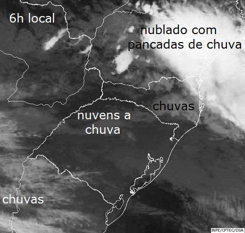 Satélite mostra nuvens no sul do Brasil no fim da madrugada. Parte delas vai se 

transformar em chuva da tarde para a noite.