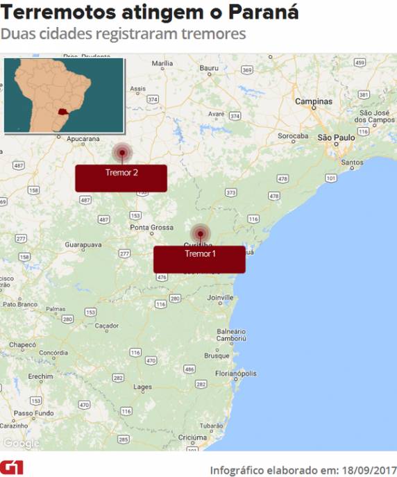 Tremores foram registrados pelo Centro de Sismologia da USP em Rio Branco do Sul e São Jerônimo da Serra. Nenhum atendimento foi 

registrado entre a noite de domingo (17) e a madrugada desta segunda, segundo o Corpo de Bombeiros