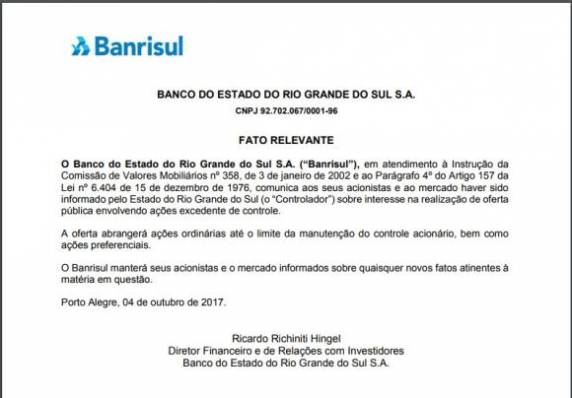 Fato relevante foi enviado ao mercado nesta quarta-feira