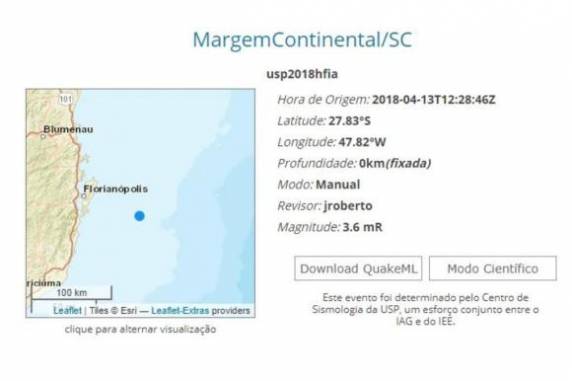 Defesa Civil de Santa Catarina está averiguando a situação, que até o momento não tem registro de estragos nem de vítimas
