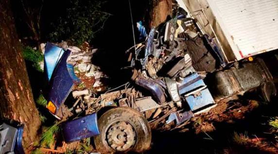 A cabine do caminhão literalmente ?abraçou? uma árvore e ficou completamente destruída. O motorista se salvou por apenas alguns centímetros