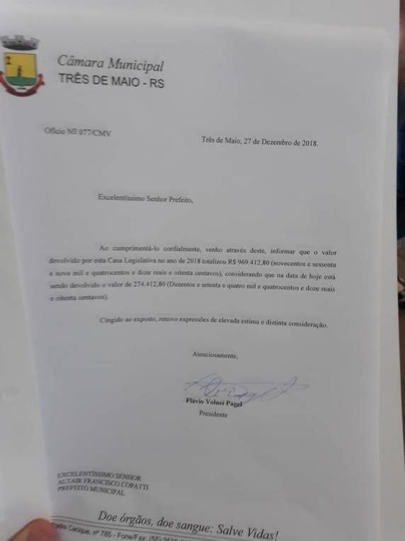Câmara de Vereadores devolve quase um milhão de reais ao Poder Executivo, em Três de Maio - foto 3
