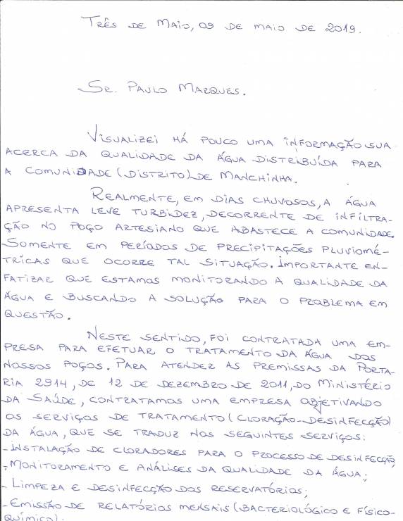 Sec. de Agricultura escreve correspondência e diz que é boa a qualidade da água em Manchinha - foto 2