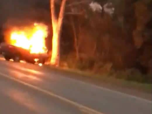 Saída de pista, seguida de choque em árvore e incêndio aconteceu por volta das 18h30 desta terça-feira (10)
