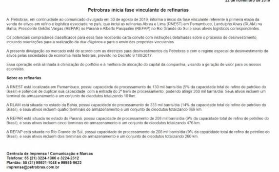 Petrobras anuncia fase em que concorrentes analisarão dados para decidir valor da oferta de compra até fevereiro