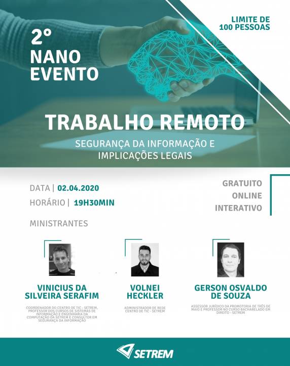 Seminário vai acontecer em 2 de abril, a partir das 19h30min