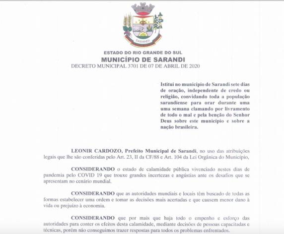 Prefeitura de Sarandi decreta sete dias de oração contra pandemia de coronavírus - foto 2