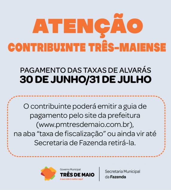 Guias deverão ser emitidas pelo site da prefeitura ou retiradas na Secretaria da Fazenda