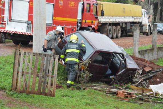 O condutor do Uno perdeu o controle e saiu da pista invadindo pátio de uma residência e derrubou um poste