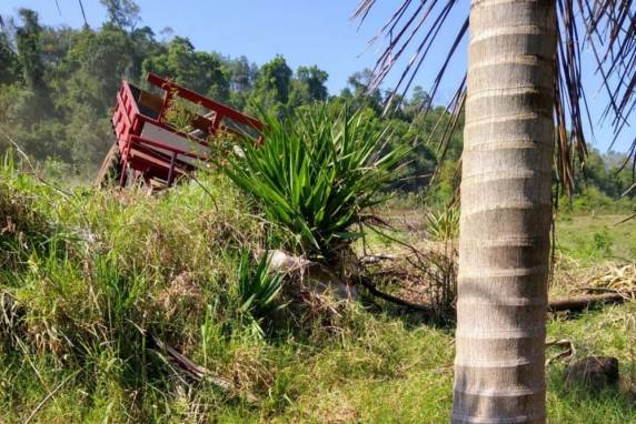 A carreta agrícola teria ficado sem freio, desceu uma ribanceira e invadiu uma lavoura