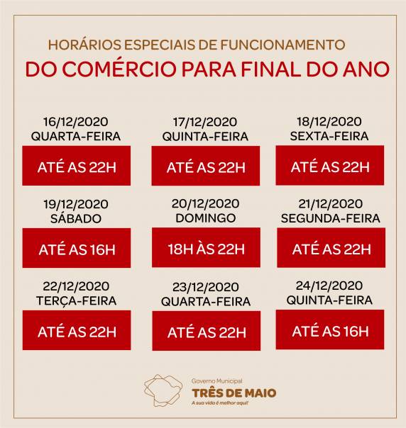 Horário diferenciado será de 16 a 24 de dezembro de 2020