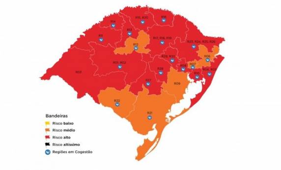São 15 regiões classificadas com risco epidemiológico alto, e outras seis com risco médio