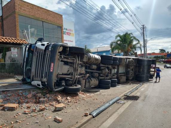 A carreta também derrubou um coqueiro de grande porte
