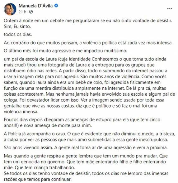 Candidata à Vice-Presidência da República em 2018 disse que sofreu ameaças após fotos da filha, de cinco anos, serem divulgadas na internet.
