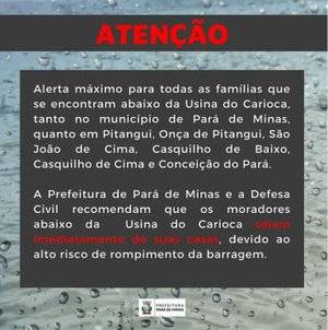Alerta foi gerado pela grande quantidade de chuva que encheu a barragem da Usina do Carioca
