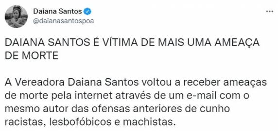 Daiana Santos (PCdoB) já havia denunciado mensagens intimidadoras em dezembro do ano passado, ao lado de Laura Sito (PT), Matheus Gomes (PSOL) e Karen Santos (PSOL), todos da bancada negra.