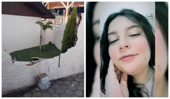 Com a batida, um buraco foi aberto no muro. Vítima morreu no local, em Rio do Sul.