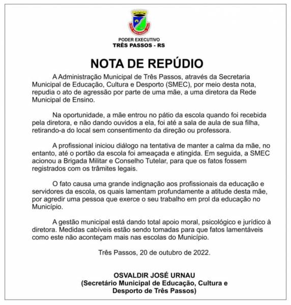 Fato aconteceu nesta quarta-feira (19), mesmo dia em que uma professora foi agredida por uma mulher em Sede Nova