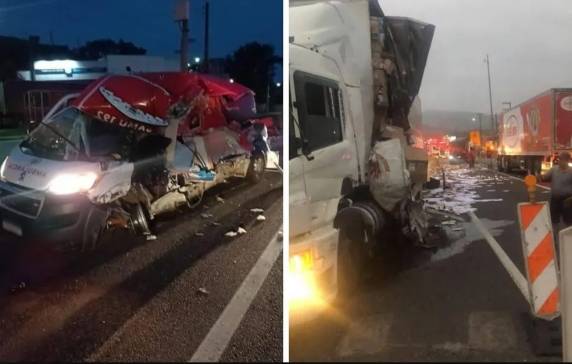 Acidente entre ambulância do SAMU e carreta deixa bebê e mais 4 feridos na BR-101 em SC