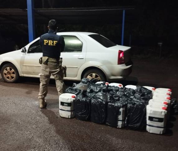 A equipe PRF deslocava para orientar o trânsito em decorrência da queda de uma árvore que bloqueou a rodovia, quando visualizou um Logan branco, com placas de Santa Catarina. Os PRFs abordaram o veículo e logo perceberam a presença do ilícito. 