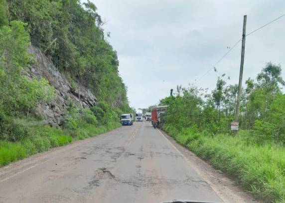 Um dos caminhões ficou sobre a pista e outro entre a vegetação na lateral do rodovia.