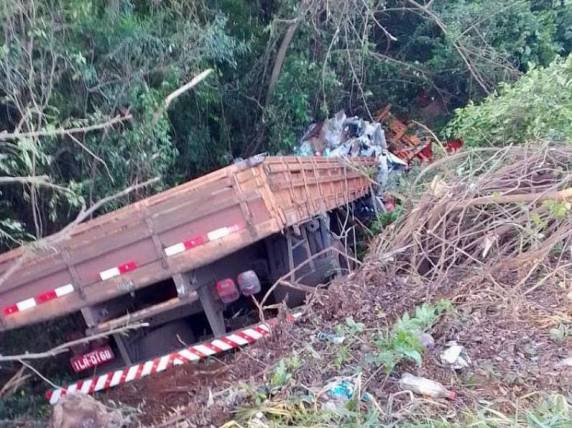 O caminhão após a colisão, saiu da pista e foi parar na vegetação ao lado da rodovia.