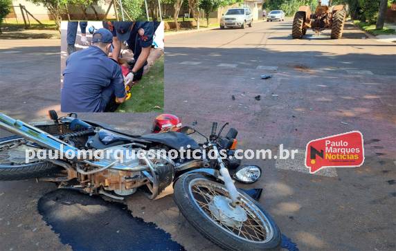 Motocicleta era conduzida na Av. Avaí quando teve a frente cortada pelo maquinário agrícola