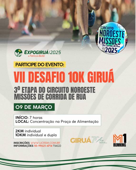 "O Desafio 10K de Giruá é uma das provas mais tradicionais e importantes do calendário do Circuito Noroeste Missões de Corrida de Rua 2025 da M1 Running.? diz Tiago Moraes, um dos responsáveis pela organização do evento.