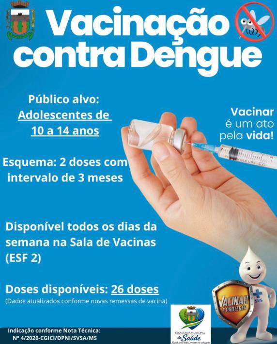 Município disponibiliza vacina para jovens de 10 a 14 anos na Sala de Vacinas do ESF 2; esquema prevê duas doses com intervalo de três meses.