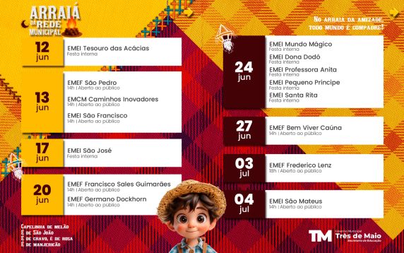 Confira as datas, locais e informações sobre as Festas Juninas promovidas pelas escolas da Rede Municipal de Ensino de Três de Maio.