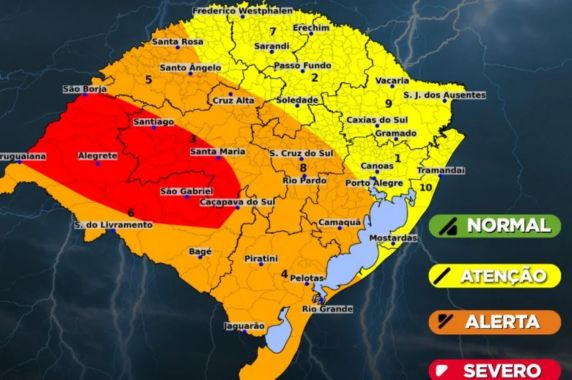 Defesa Civil prevê queda de granizo, rajadas de vento e chuva intensa nas regiões Oeste, Campanha e Sul