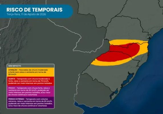 Ameaça de temporais com granizo atinge a Metade Norte, enquanto a presença do sol eleva os termômetros para até 19ºC nas demais regiões