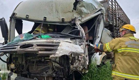 Caminhão que transportava suínos foi atingido pelo reboque de um bitrem que teria derrapado em uma curva; vítima ficou presa às ferragens e morreu no local