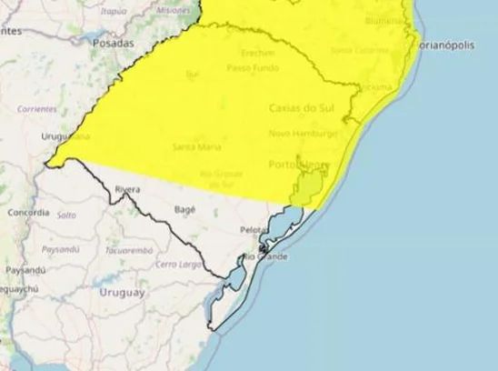 Avisos preveem chuva de até 100 milímetros, ventos de até 100 km/h e possibilidade de granizo em algumas regiões