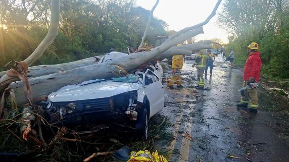 Acidente ocorreu durante forte chuva na tarde de domingo (27); motorista ficou gravemente ferido e rodovia permaneceu bloqueada por cerca de duas horas