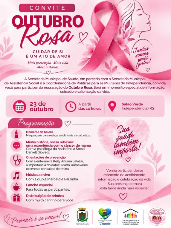 Evento será realizado no Salão Verde, com atividades de conscientização sobre o câncer de mama, orientações de saúde, momentos de beleza e apresentações musicais.