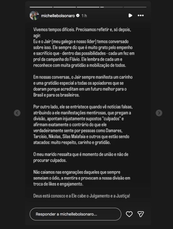 Michelle Bolsonaro pede união entre apoiadores e afirma que o marido é grato aos aliados, em meio a ataques e à busca por culpados pelo resultado eleitoral.